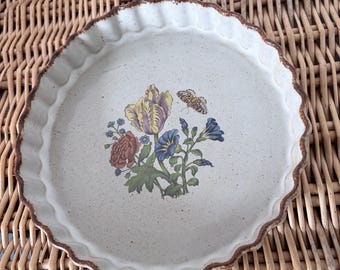 Vintage grayshott pottery England fluted pie dish tart quiche pottery floral print design