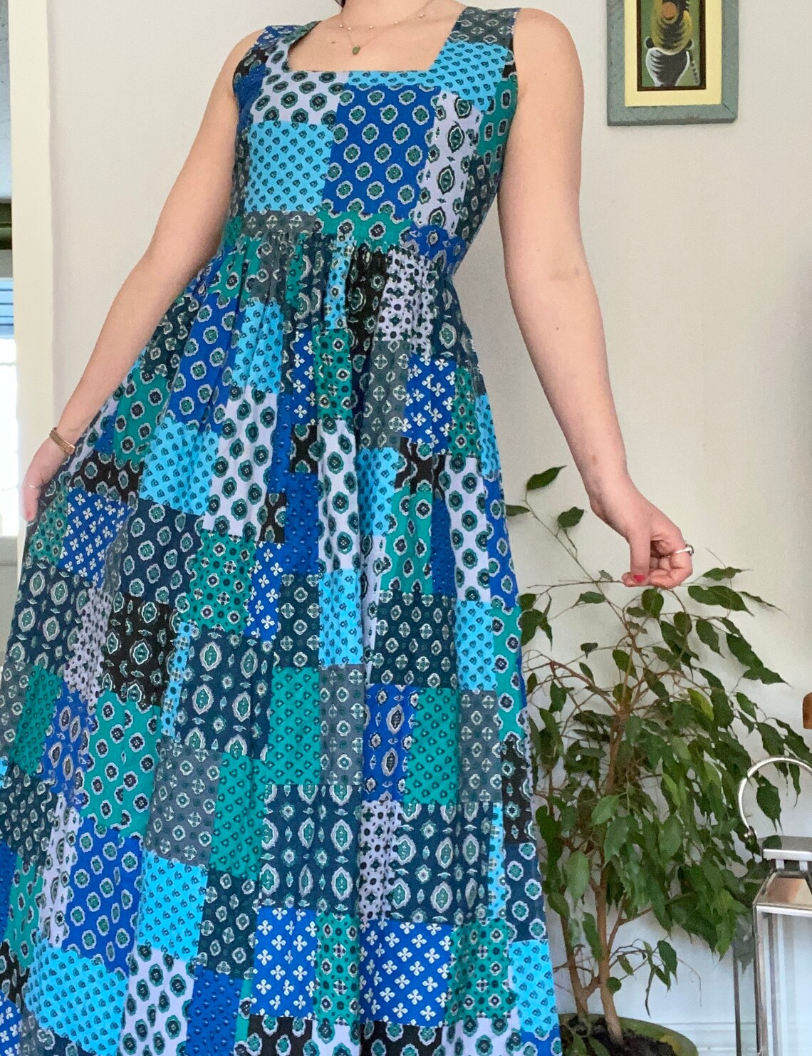 Vrai moyen de robe bleue de patchwork fait main de cru Etsy