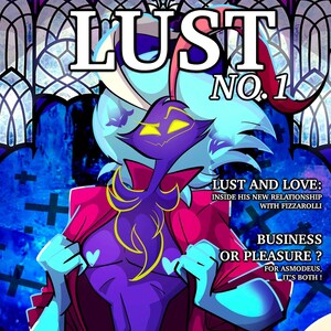 May include: A magazine cover with a colorful illustration of a demon with blue and purple skin, wearing a red jacket and a necklace. The magazine is titled "LUST" and the demon is labeled "ASMODEUS #OZZIE".