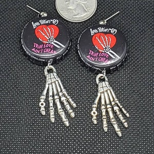 Upcycled bottlecap earrings, upcycled soda bottlecap earrings, skeleton earrings, bottlecap earrings. skeleton hands, bottlecaps, recycled