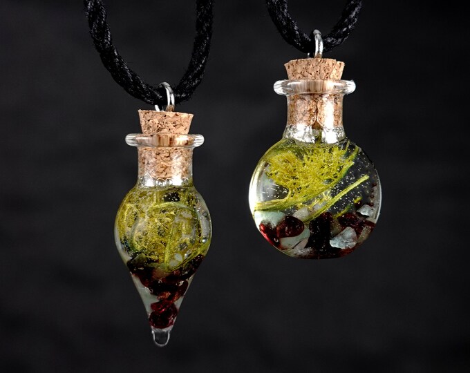 Garnet & Aventurine Love Necklace, Moss Terrarium Glass Pendant with Gemstones, Adjustable Length Vegan Cord, Hypoallergenic Jewelry Gift