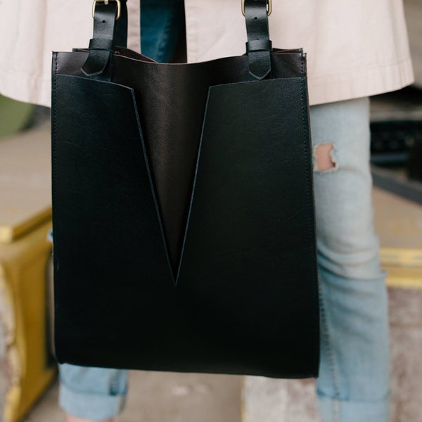 Hand Made Leather Tote Bag for Women, Black Soft Leather Tote with Zipper