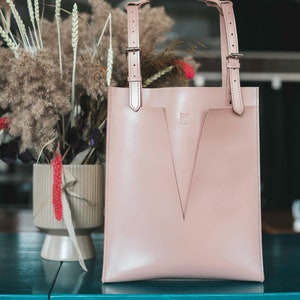 Bolso de cuero rosa claro para mujer, comprador hecho a mano púrpura, bolso de cuero suave