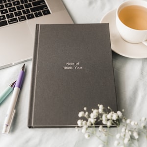 Hardcover Gratitude Journal, Ivory Paper Grey Lined Book with Prompts, Wedding Gifts