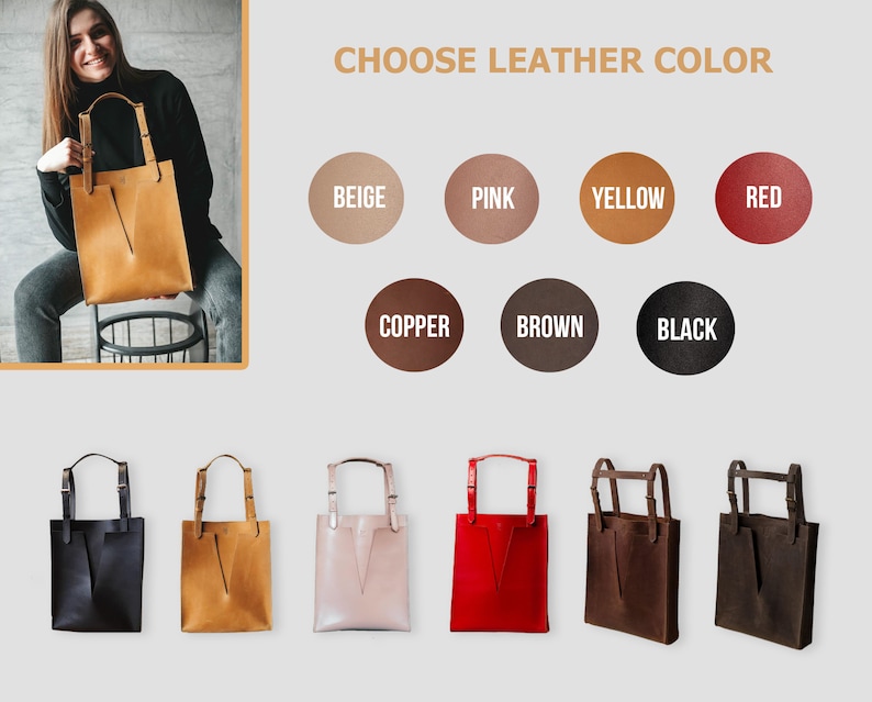 Hand Made Leather Tote Bag for Women, Black Soft Leather Tote with Zipper image 5