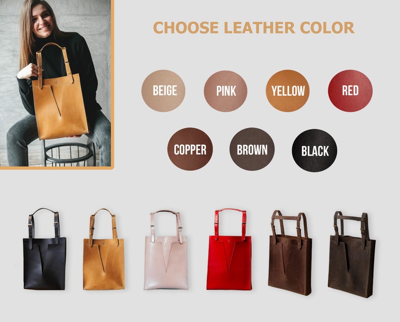 A collage of a woman holding yellow leather tote. There are 6 more examples of leather tote in black, yellow, pink, red, copper and brown colours.