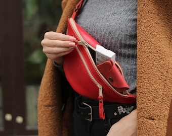 Riñonera de piel roja para mujer, riñonera de piel personalizada
