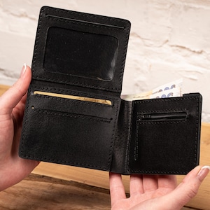 Personalized Black Smooth Leather Wallet, Handmade Small Purse for Coin, Cash and Cards