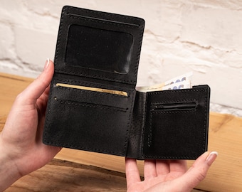 Personalized Black Smooth Leather Wallet, Handmade Small Purse for Coin, Cash and Cards