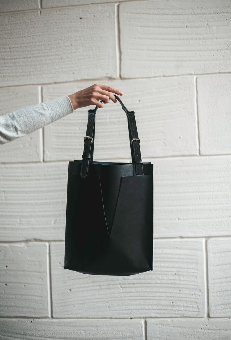 Hand Made Leather Tote Bag for Women, Black Soft Leather Tote with Zipper image 2