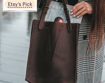 Handmade Dark Brown Leather Tote Bag: Personalized Everyday Shopper