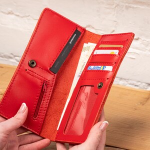 Cartera de piel larga, cartera fina de piel para mujer, monedero largo de piel, rojo, beige, rosa claro, negro, marrón, con botón y bolsillo con cremallera imagen 9