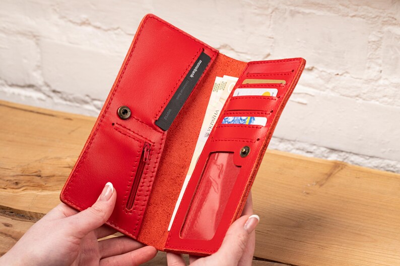 Cartera de piel larga, cartera fina de piel para mujer, monedero largo de piel, rojo, beige, rosa claro, negro, marrón, con botón y bolsillo con cremallera imagen 9