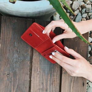 Tiny Red Leather Engrave Wallet Woman, Woman Personalized Red Leather Wallet, Red Leather Pocket Wallet, Woman Gift for Leather Anniversary
