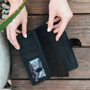Portafoglio personalizzato in pelle nera uomo, borsa a portafoglio in pelle nera incisa, borsa a portafoglio donna in pelle nera, regalo anniversario in pelle pelle pelle