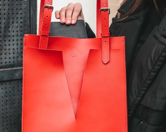 Shoulder Bag, Red Leather Laptop Work Bag, Evening Minimal Bag