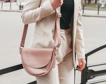 Borsa a tracolla piccola in pelle morbida rosa, mini borsa per smartphone, set regalo personalizzato per i tuoi cari