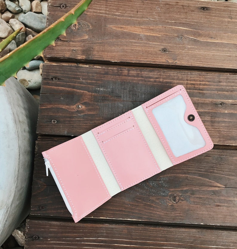 Cartera pequeña de cuero rosa personalizada para mujer, cartera pequeña de cuero rosa grabada, cartera de bolsillo de cuero rosa para mujer, regalo de aniversario de cuero imagen 1