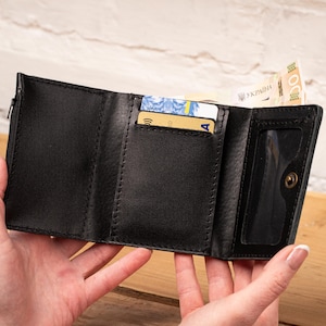 Münze Knopf Glatte Schwarze Lederne Brieftasche mit Reißverschlusstasche, personalisierte Handgefertigte Leder Geldbörse für Männer und Frauen