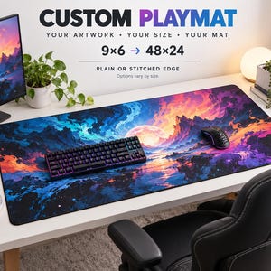 May include: A large rectangular desk playmat featuring a vibrant landscape print with a glowing moon, mountains, and clouds in shades of blue, purple, and orange. Text reads CUSTOM PLAYMAT, YOUR ARTWORK, YOUR SIZE, YOUR MAT, 9x6 to 48x24, and PLAIN OR STITCHED EDGE.