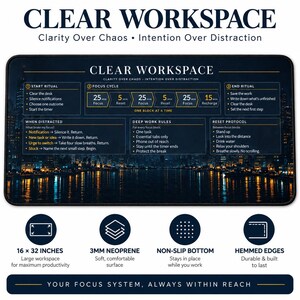 ADHD Desk Mat Focus System | 16x32 Deep Work Desk Pad | Productivity Desk Mat | Focus Mat for Remote Worker | Student & Writer Gift