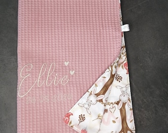Manta de bebé con animales del bosque, piqué gofre, rosa antiguo