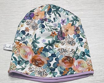 Mütze für Mädchen Gr. 52/53 mit Aquarell Blumen