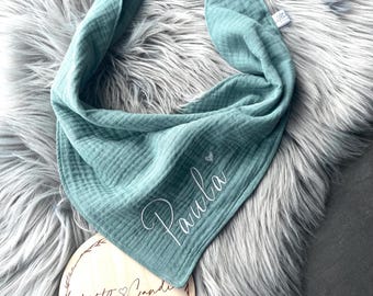Pañuelo de muselina para niños, estilo para atar, personalizable con nombre.