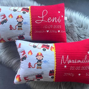 Feuerwehr Kissen mit Namen, Geschenke zur Geburt und Taufe, personalisiert und einzigartig