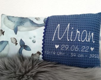 Almohada personalizada con nombre, almohada de ballena con nombre, azul claro
