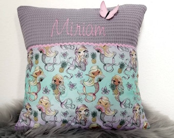 Cojín infantil personalizado con nombre, sirenas, 30 x 30 cm