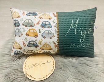 Cojín con nombre personalizado para niños | Vehículos y coches | Regalos para nacimiento, bautizo y cumpleaños | Decoración infantil para bebés y niños
