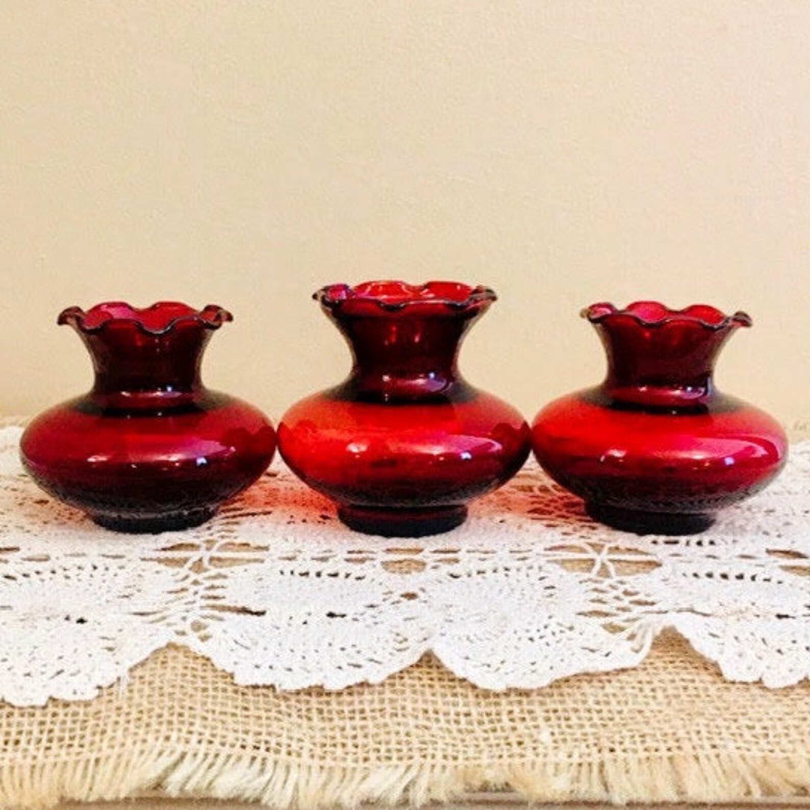 Set of Three 3 Small Red Glass Vases Christmas Decor Etsy