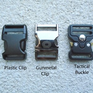 May include: Three different types of clips for attaching straps or webbing. The first is a black plastic clip, the second is a gunmetal clip, and the third is a black tactical buckle with a silver button.