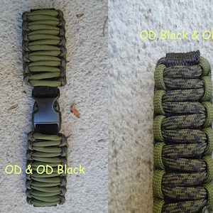 May include: Two paracord watch bands, one in solid olive drab and one in a black and olive drab camouflage pattern. Both bands have a black buckle.
