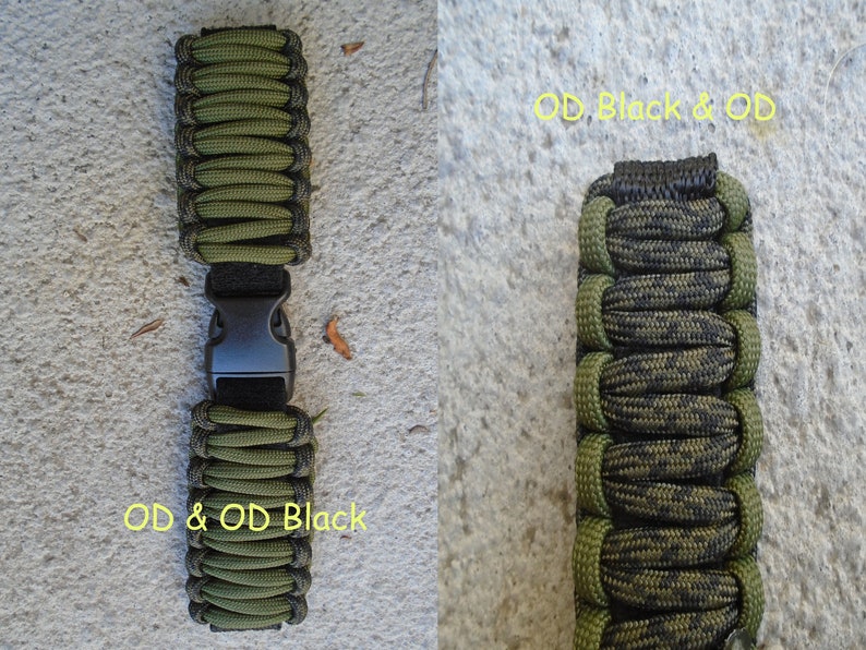 May include: Two paracord watch bands, one in solid olive drab and one in a black and olive drab camouflage pattern. Both bands have a black buckle.