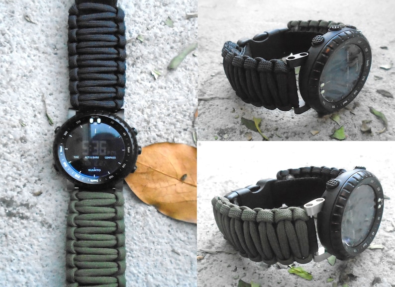 May include: A black and green watch with a digital display and a paracord strap. The watch has a compass, altimeter, and other features. The strap is made of woven paracord.