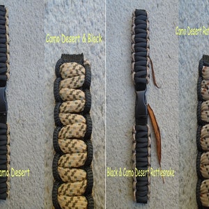 May include: Four paracord bracelets in different color combinations. The bracelets are black and camouflage, black and desert camouflage, black and desert rattlesnake camouflage, and black and desert camouflage with a rattlesnake pattern.