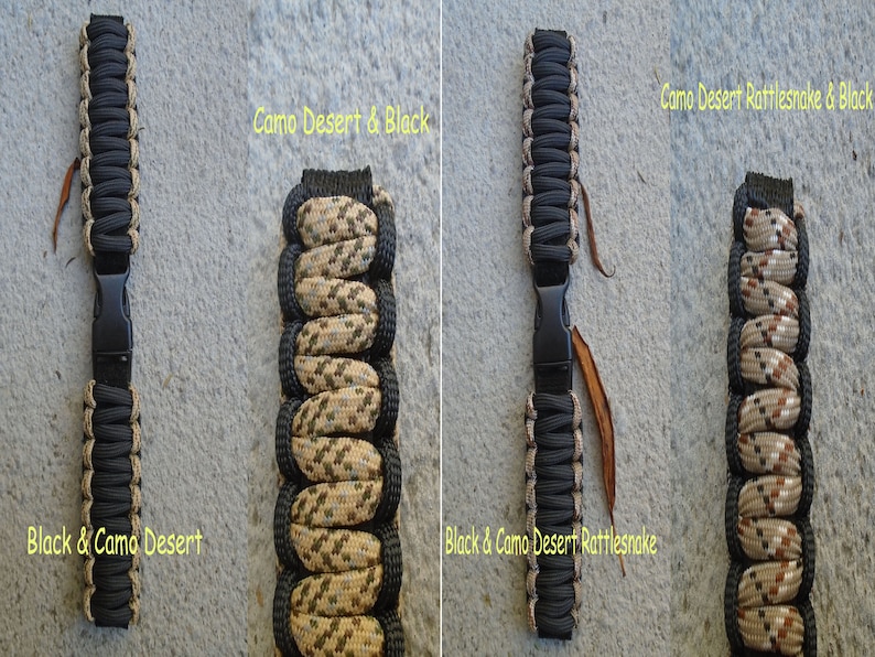 May include: Four paracord bracelets in different color combinations. The bracelets are black and camouflage, black and desert camouflage, black and desert rattlesnake camouflage, and black and desert camouflage with a rattlesnake pattern.