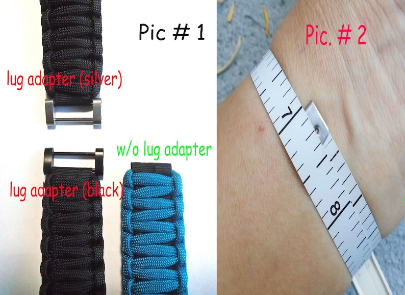 May include: Two images showing a black paracord watch strap with a silver and black lug adapter. The second image shows a wrist with a measuring tape around it, measuring 7 inches.