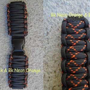 May include: Two black paracord bracelets with orange accents. The bracelet on the left has the text "Black & Bk Neon Orange" and the bracelet on the right has the text "Bk Neon Orange & Black".