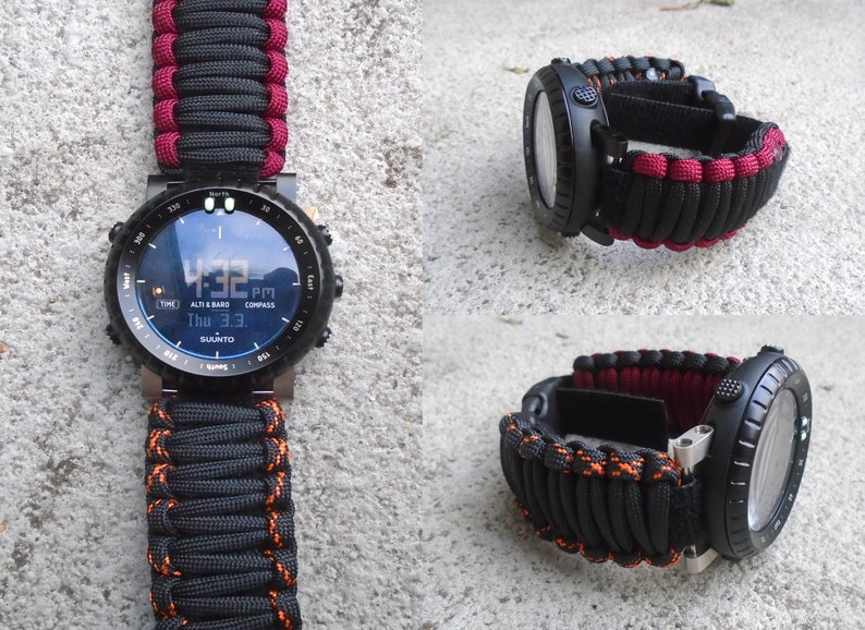 May include: A black Suunto watch with a red and black paracord strap. The watch face displays the time, date, and altitude.