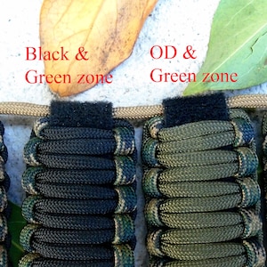 May include: Four paracord bracelets in different color combinations. The bracelets are made with black, green, and brown paracord. The bracelets are labeled "Black & Tiger Stripe", "Black & Green zone", "OD & Green zone", and "OD & Tiger Stripe".