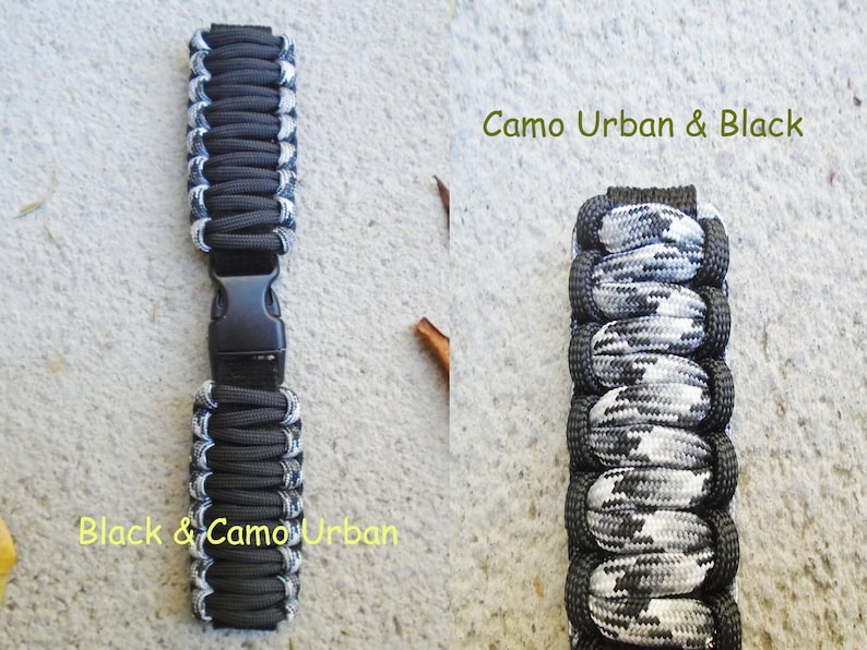May include: Two paracord watch bands, one black with white accents and one black and white camouflage pattern. The bands are shown side-by-side with the text "Camo Urban & Black" and "Black & Camo Urban" printed below each band.