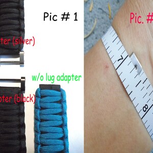 May include: Two images showing a black paracord watch strap with a silver and black lug adapter. The second image shows a wrist with a measuring tape around it, measuring 7 inches.