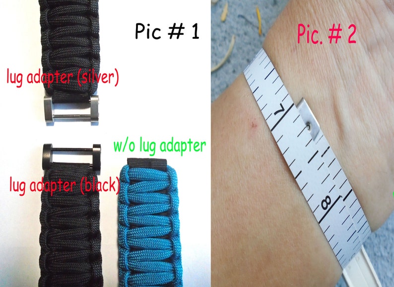 May include: Two images showing a black paracord watch strap with a silver and black lug adapter. The second image shows a wrist with a measuring tape around it, measuring 7 inches.
