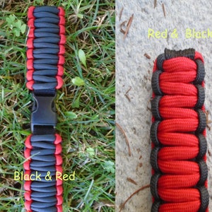 May include: Two close-up images of a black and red paracord bracelet. The first image shows the bracelet with a black buckle and the text "Black & Red". The second image shows the bracelet with the text "Red & Black".