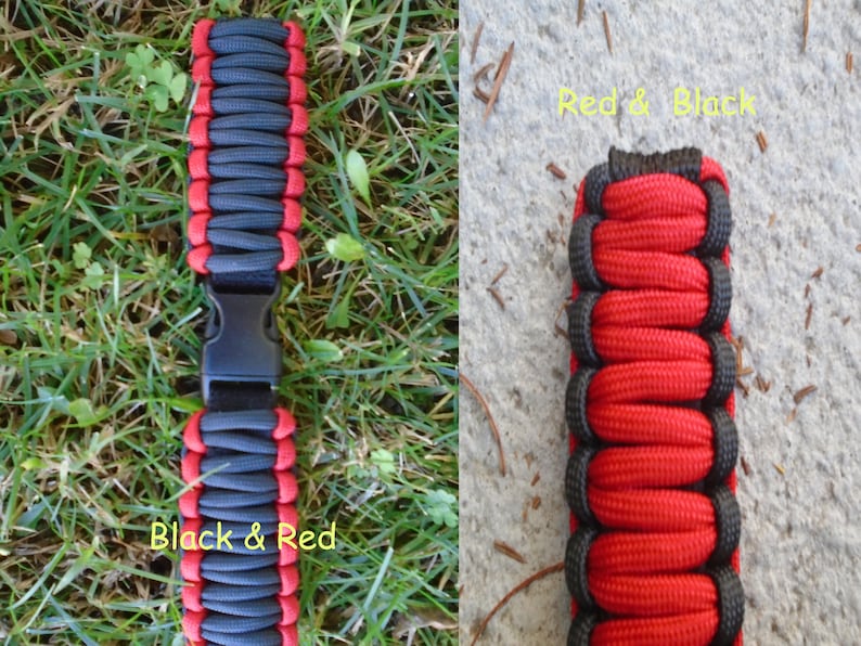 May include: Two close-up images of a black and red paracord bracelet. The first image shows the bracelet with a black buckle and the text "Black & Red". The second image shows the bracelet with the text "Red & Black".