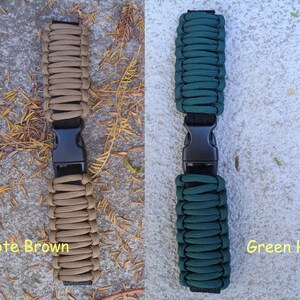 May include: Two paracord bracelets with black buckles. The bracelet on the left is coyote brown and the bracelet on the right is green hunter.