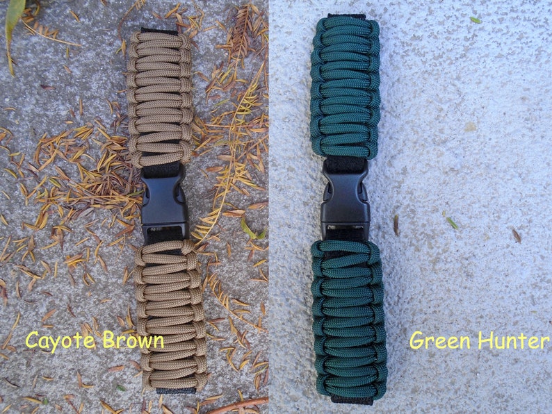 May include: Two paracord bracelets with black buckles. The bracelet on the left is coyote brown and the bracelet on the right is green hunter.